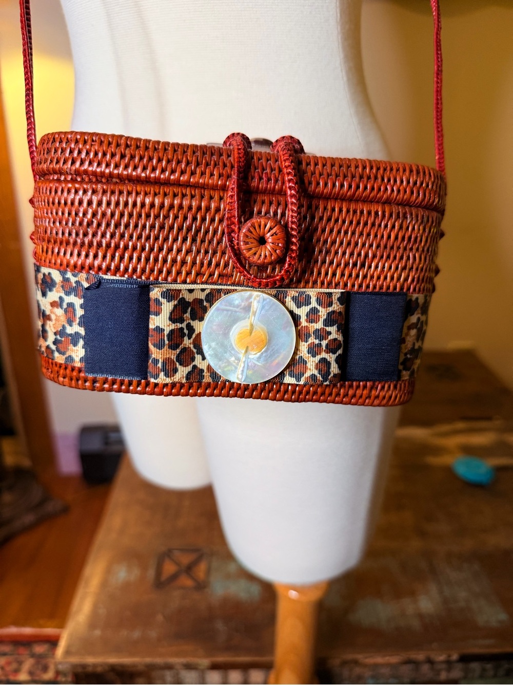 Artisan Rattan Crossbody Bag with Leopard Ribbon and Mother-of-Pearl Button
